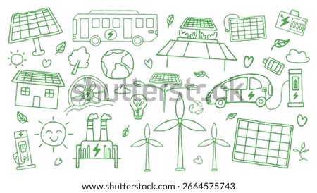 Hand drawn renewable energy doodle set. Perfect for green campaigns, environmental projects, and educational materials about sustainability and clean energy.