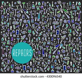 Hand drawn repairs construction tools seamless logo, doodles elements, seamless background, sketchy illustration 