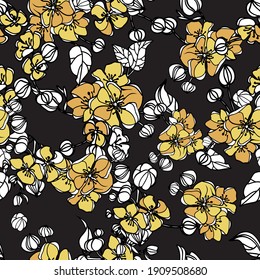 Hand drawn repeat pattern with yellow roses, vector illustration of beautiful flowers. Stock vector illustration.