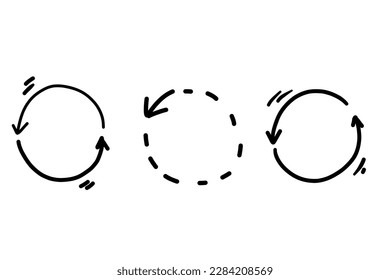 Hand drawn repeat vector arrow in a circle way road shape rotation going with a high speed. Recycle symbol icon. Natural water cycle. Business going.