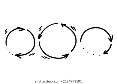 Hand drawn repeat vector arrow in a circle way road shape rotation going with a high speed. Recycle symbol icon. Natural water cycle. Business going.