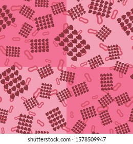 Hand drawn repeating pattern Happy Valentines Day on pink square geometric background. Festive illustration with red hearts. Congratulation Valentine Day seamless wrapping paper invitations wallpaper.