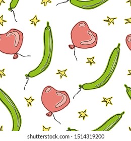 Hand drawn repeating pattern with red heart shaped balloons mixed with green long twisting balloons and yellow stars on white backgroun. Perfect for cards, wallpapers, textile design and scrapbooking.