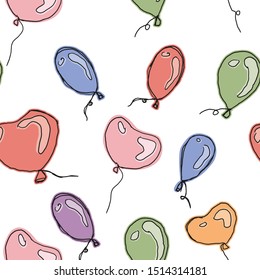 Hand drawn repeating pattern with various shapes of balloons, round and heart shaped, colorful and funny. Perfect for cards, wallpapers, textile design and scrapbooking.