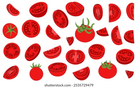 Hand drawn representation of red tomato, whole, halved, cut, and thin slices different angles
