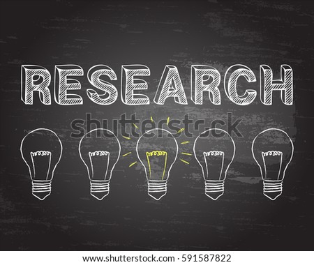Hand drawn research sign and light bulbs on blackboard
