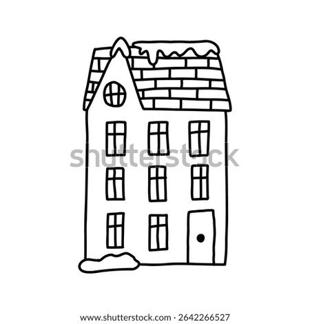 Hand drawn residential building cartoon doodle vector illustration isolated on white background. Winter house with snow in outline style.