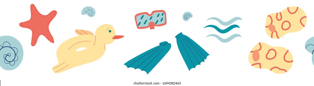 Hand drawn resin donut and sea rubber swimming duck seastar and waves flat style design seamless border stock vector illustration for wrapping paper, textile, wallpaper, fabric