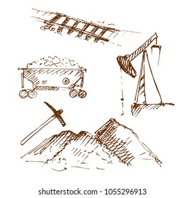 Hand drawn resource mining set.
Pile of sand, ore, stone or rubble, pickaxe, pump, rails railway, cart with ore. Sketch, vector illustration.
