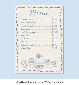 Dibujado a mano restaurante y menú de la cafetería. Menú de Ilustración vectorial con lista de comidas y bebidas, Precios para restaurantes y cafeterías