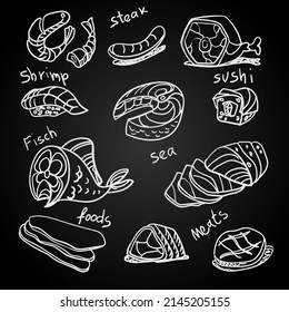 hand drawn to restaurant fish salmon sushi steak meat sushi squid sausage