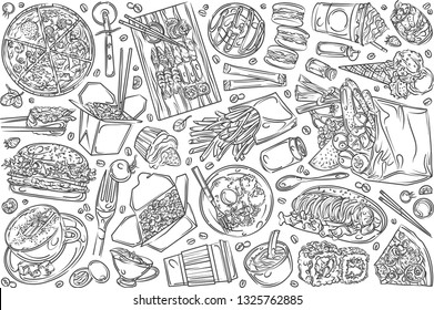 Hand drawn restaurant food, or cafe menu. Pizza, sushi, cup of coffee, fries, burger etc doodle set background