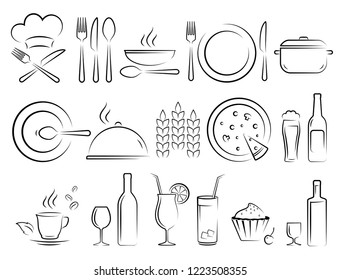 hand drawn restaurant icons set on white