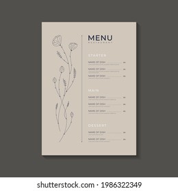 Hand drawn restaurant menu in boho style for lunch with blossom flowers and text. 