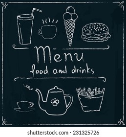 Hand drawn restaurant menu design on blackboard, fast food doodles
