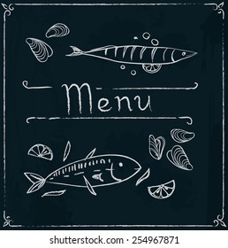 Hand drawn restaurant menu design with seafood on blackboard. Vector illustration