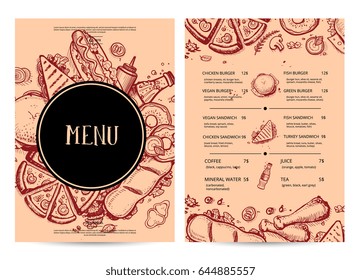 Hand drawn restaurant menu design. Cafe price catalog, junk food card with snack linear sketches. Snack vector promotion with hand drawn pizza, french fries, hot dog, chicken, drink pencil doodles.