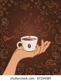 Hand drawn restaurant menu design with hands holding cup on brown background