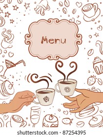 Hand drawn restaurant menu design with hands holding cups on white background
