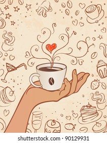 Hand drawn restaurant menu design with hands holding cup with old paper on the background