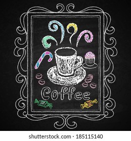 Hand drawn restaurant menu elements. Chalk on board. Cup of coffee. Vector illustration.