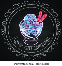 Hand drawn restaurant menu elements. Chalk on board. Ice cream. Vector illustration.