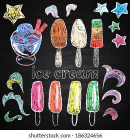 Hand drawn restaurant menu elements. Chalk on board. Ice cream. Vector illustration.