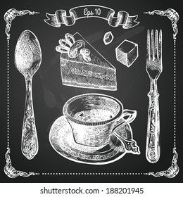 Hand drawn restaurant menu elements. Chalk on board. Cup of coffee. Vector illustration. 