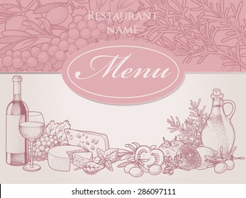 Hand drawn restaurant menu with wine, cheese and vegetables