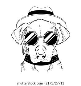 Hand Drawn Retriever Wearing  Sunglasses And Hat. Tattoo Sketch, Print Design Or Engraving. Cute Stylish Dog.