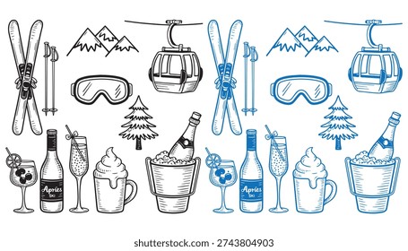 Hand drawn retro apres ski Vector Set. Featuring Winter Mountain Elements, Skiing Gear, Gondola, Champagne, Cocktails, and Cozy Decor Icons for Winter Vacation and Resort Branding.