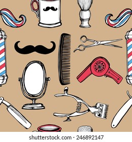 Hand drawn retro barbershop seamless pattern. Scissors, razor, shaving brush, barber pole, shaving mirror, mustache, comp.