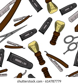 Hand drawn retro barbershop seamless pattern. Scissors, razor, shaving brush, barber pole, shaving mirror, moustache comp