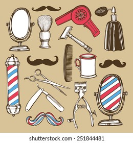 Hand drawn retro barbershop set. Scissors, razor, shaving brush, barber pole, shaving mirror, mustache, comp. 