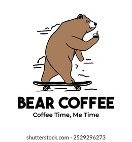 hand drawn retro bear skateboard drinking coffee cartoon character illustration