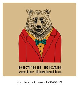 hand drawn retro bear in suit