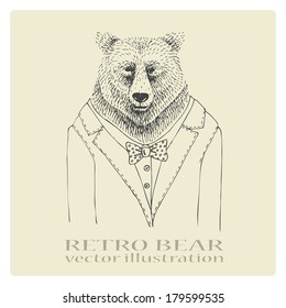 hand drawn retro bear in suit
