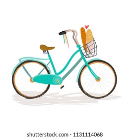 Hand drawn retro bicycle with baguettes. Colored vector illustration