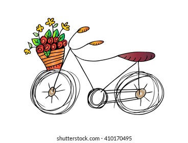 Hand drawn retro bicycle with flower basket 