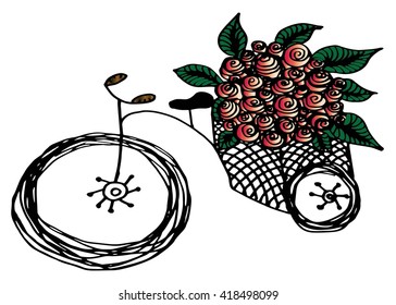 Hand drawn retro bicycle with flower basket 