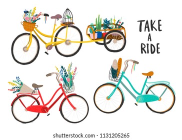 Hand drawn retro bicycles. Colored vector set. All elements are isolated