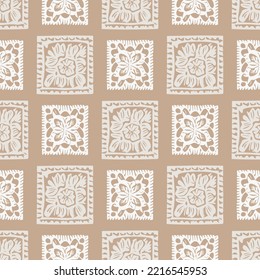 Hand drawn retro block print seamless pattern. Vector 80s vintage wallpaper design for geometric background. Carved bohemian ornamental design. 