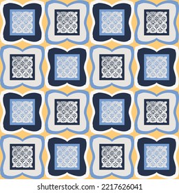 Hand drawn retro block print seamless pattern. Vector 80s vintage wallpaper design for geometric background. Carved bohemian ornamental design. 