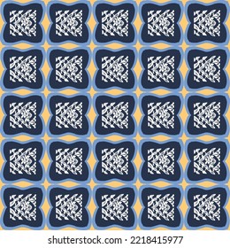 Hand drawn retro block print seamless pattern. Vector 80s vintage wallpaper design for geometric background. Carved bohemian ornamental design. 