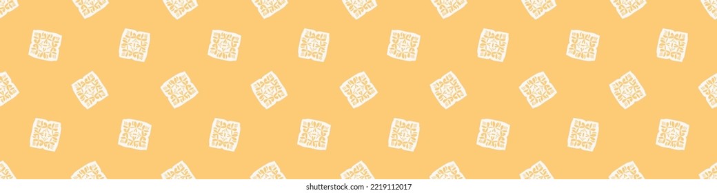 Hand drawn retro block print seamless border. Vector vintage design for geometric repeat banner. Carved bohemian ornamental design trim. 