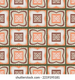 Hand drawn retro block print seamless pattern. Vector 80s vintage wallpaper design for geometric background. Carved bohemian ornamental design. 