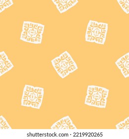 Hand drawn retro block print seamless pattern. Vector 80s vintage wallpaper design for geometric background. Carved bohemian ornamental design. 