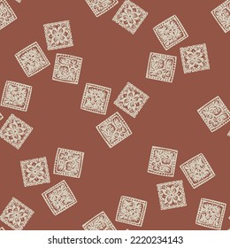 Hand drawn retro block print seamless pattern. Vector 80s vintage wallpaper design for geometric background. Carved bohemian ornamental design. 