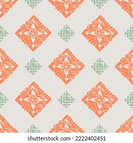 Hand drawn retro block print seamless pattern. Vector 80s vintage wallpaper design for geometric background. Carved bohemian ornamental design. 