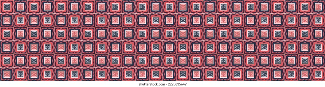 Handgezeichneter Retro-Block-Druck nahtlose Grenze. Vectorvintage-Design für geometrisches Wiederholbanner. Böhmischer Zierstil mit geschnitzten Schnitten. 
